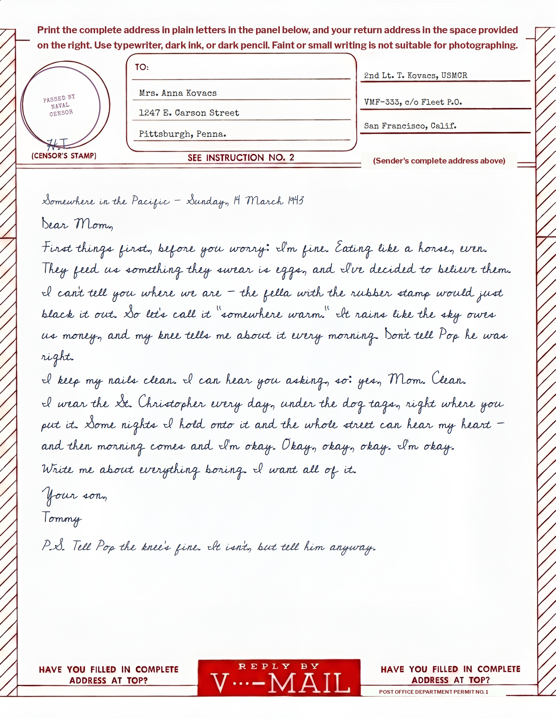 A 1943 V-mail letter from Marine Corsair pilot Tommy Kovacs to his mother